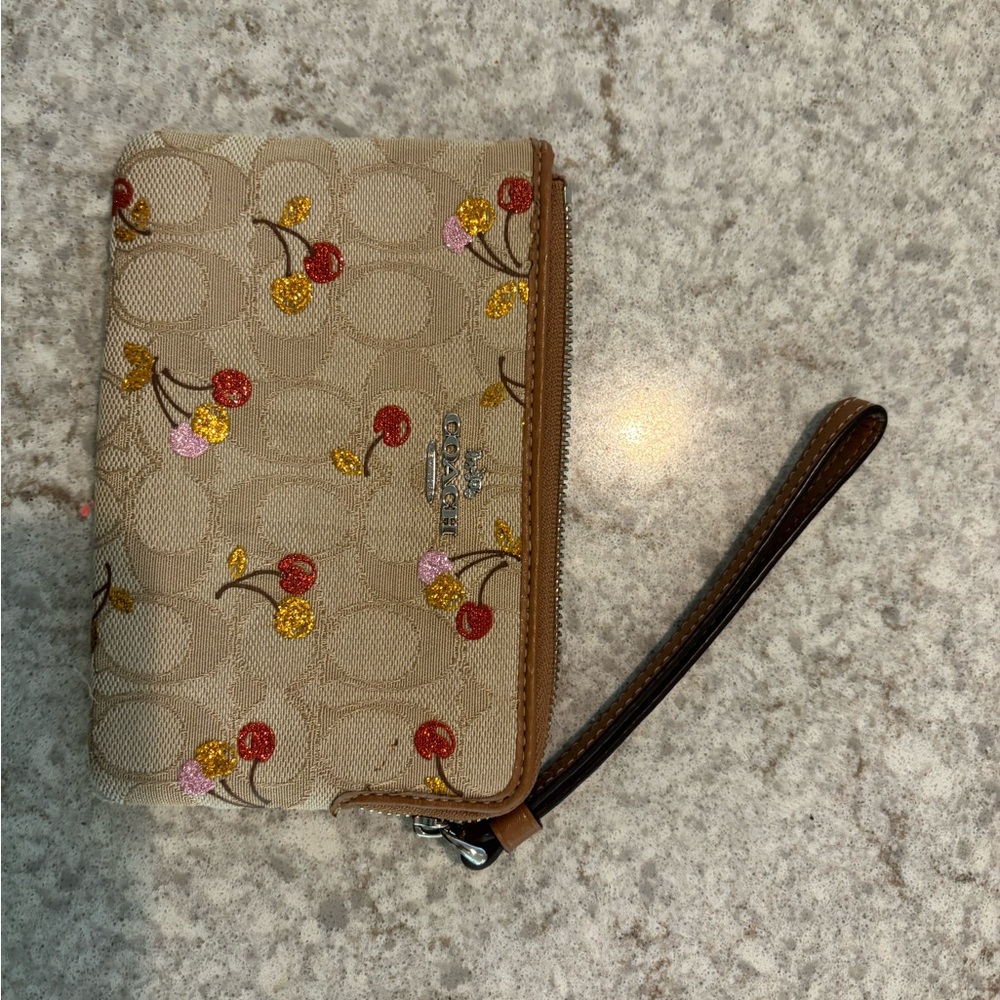Coach Beige Cherry Print Wristlet